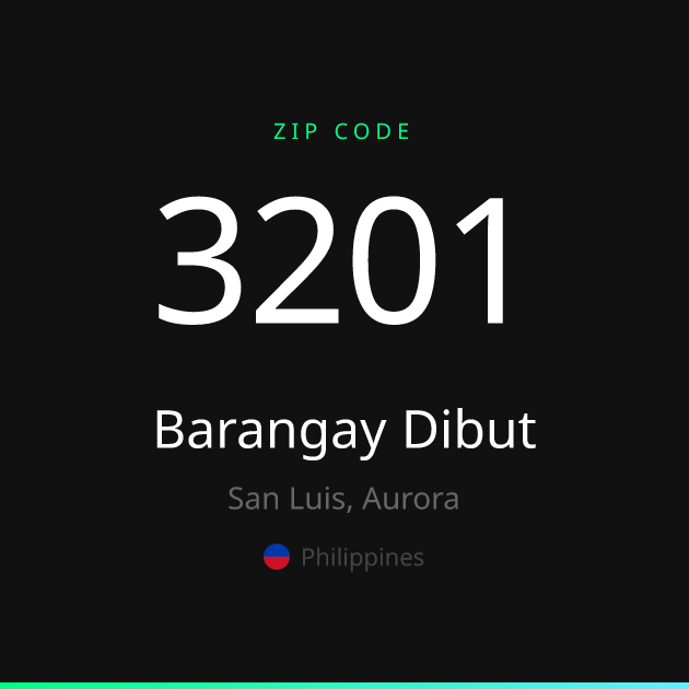 Shareable ZIP code 3201 card for Barangay Dibut, dark theme