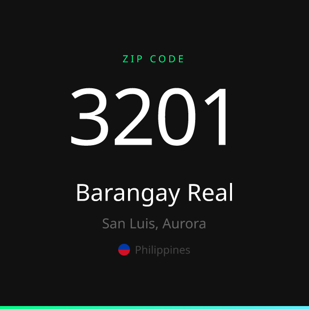Shareable ZIP code 3201 card for Barangay Real, dark theme