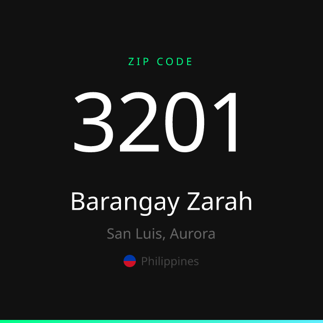 Shareable ZIP code 3201 card for Barangay Zarah, dark theme