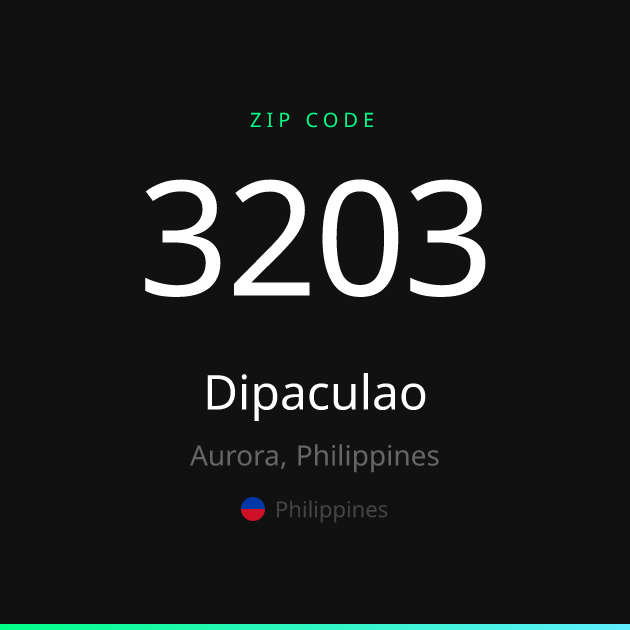 Shareable ZIP code 3203 card for Dipaculao, dark theme
