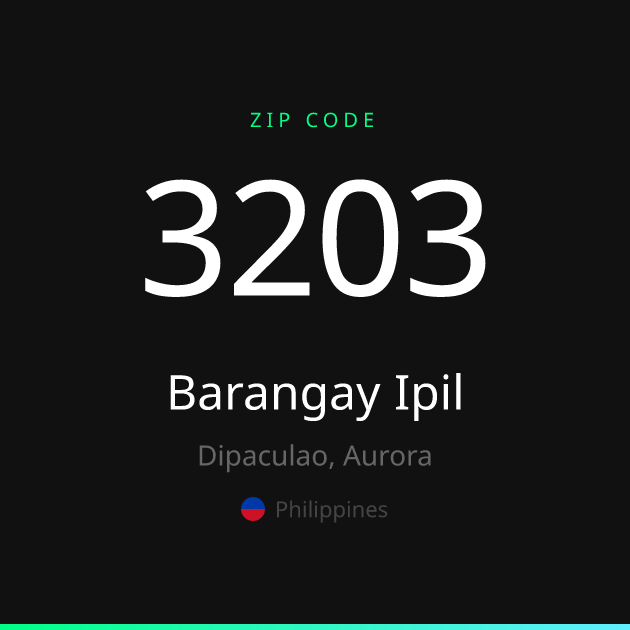 Shareable ZIP code 3203 card for Barangay Ipil, dark theme