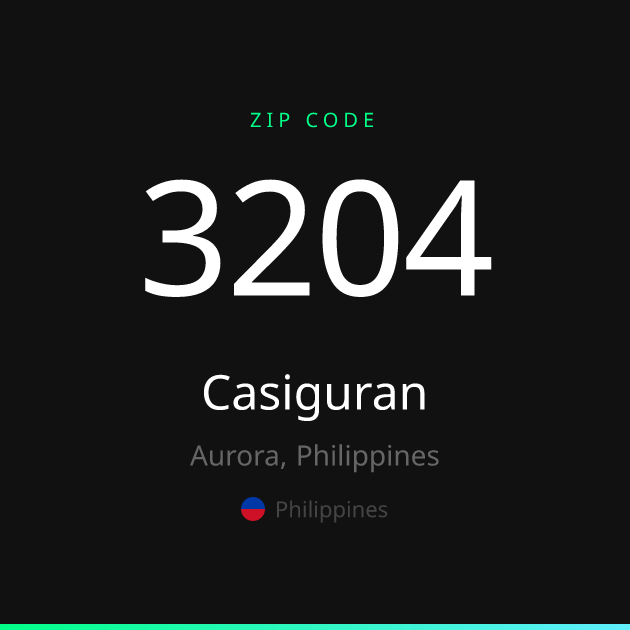 Shareable ZIP code 3204 card for Casiguran, dark theme