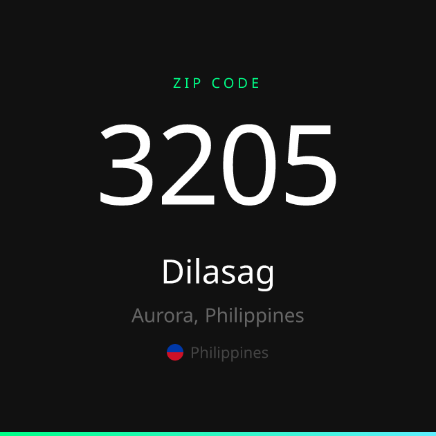 Shareable ZIP code 3205 card for Dilasag, dark theme
