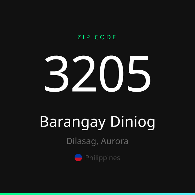 Shareable ZIP code 3205 card for Barangay Diniog, dark theme
