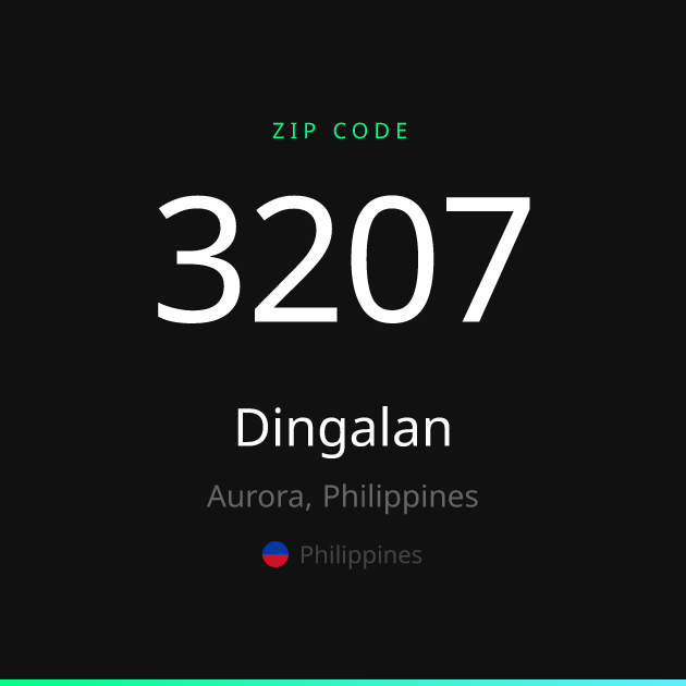 Shareable ZIP code 3207 card for Dingalan, dark theme