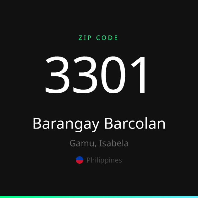 Shareable ZIP code 3301 card for Barangay Barcolan, dark theme