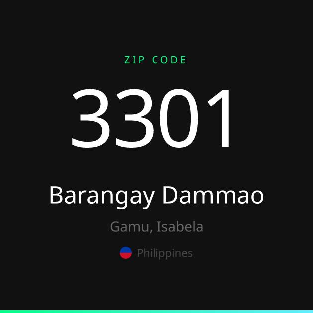 Shareable ZIP code 3301 card for Barangay Dammao, dark theme