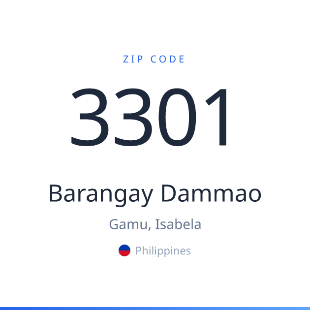 Shareable ZIP code 3301 card for Barangay Dammao, light theme