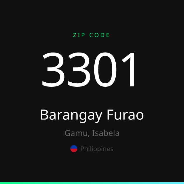 Shareable ZIP code 3301 card for Barangay Furao, dark theme