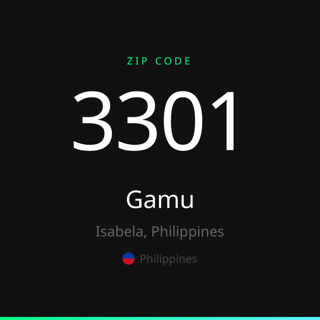 Shareable ZIP code 3301 card for Gamu, dark theme