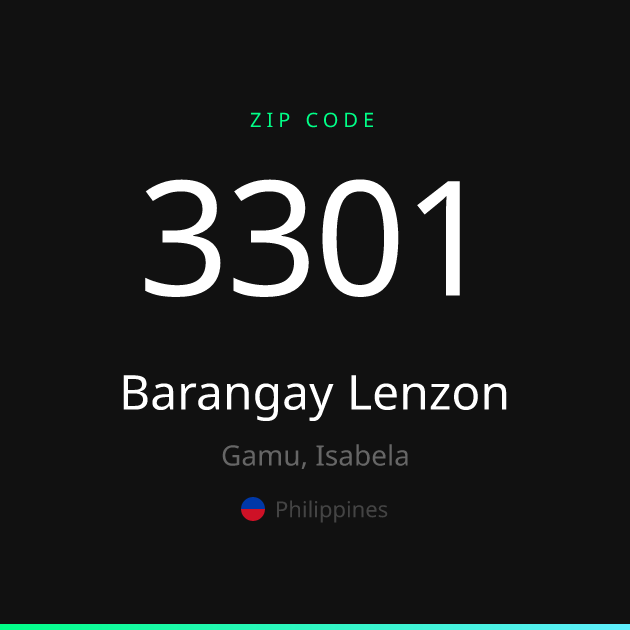 Shareable ZIP code 3301 card for Barangay Lenzon, dark theme