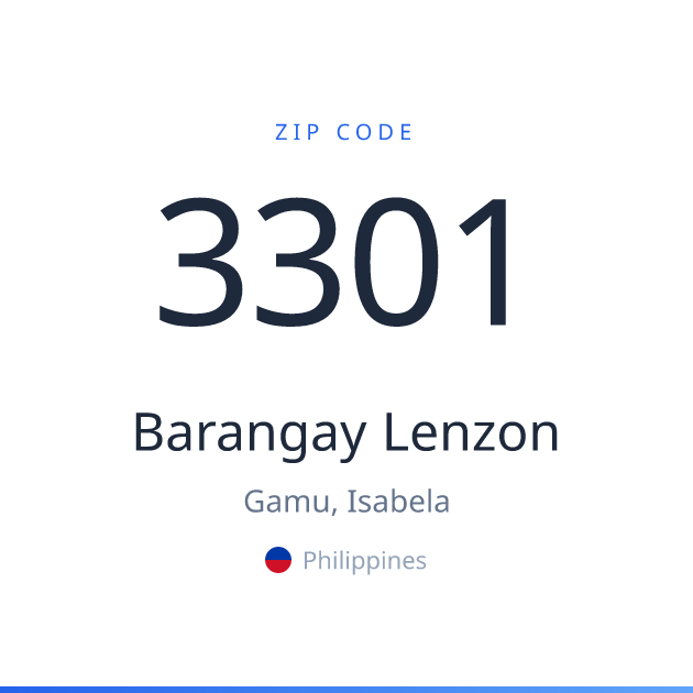 Shareable ZIP code 3301 card for Barangay Lenzon, light theme