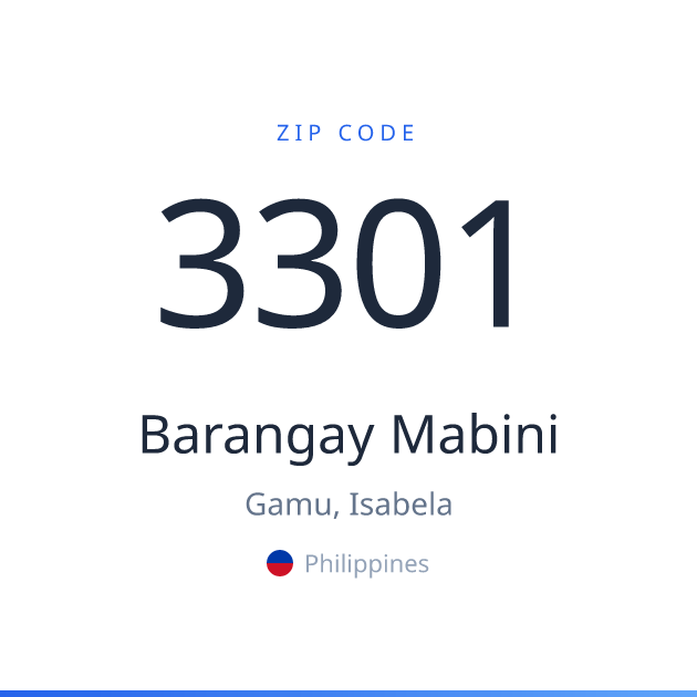 Shareable ZIP code 3301 card for Barangay Mabini, light theme