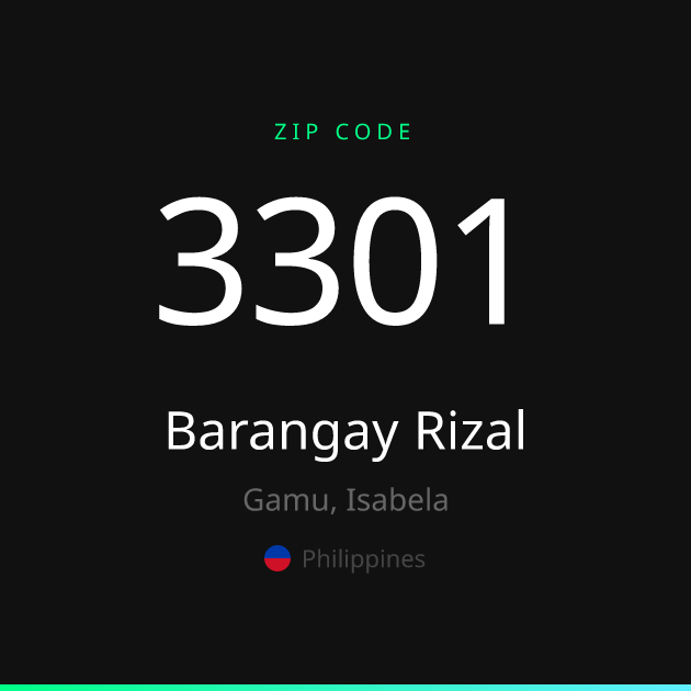 Shareable ZIP code 3301 card for Barangay Rizal, dark theme