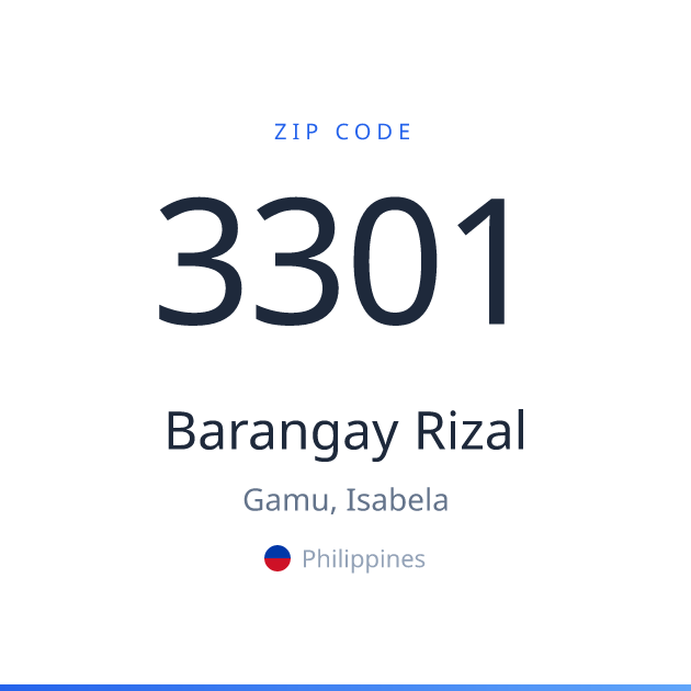 Shareable ZIP code 3301 card for Barangay Rizal, light theme