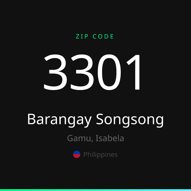 Shareable ZIP code 3301 card for Barangay Songsong, dark theme