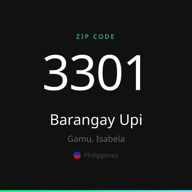 Shareable ZIP code 3301 card for Barangay Upi, dark theme