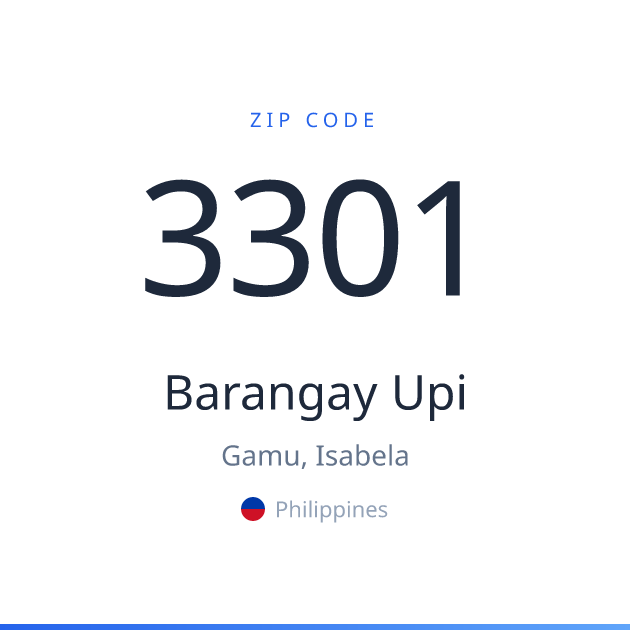 Shareable ZIP code 3301 card for Barangay Upi, light theme