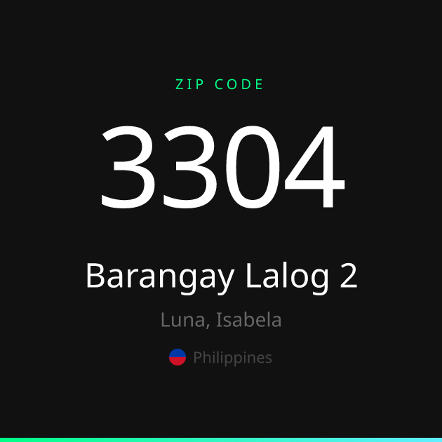 Shareable ZIP code 3304 card for Barangay Lalog 2, dark theme