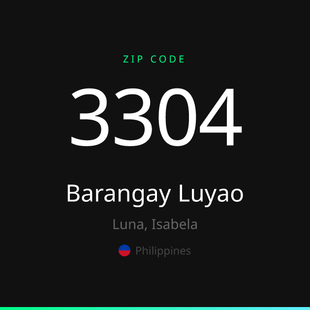 Shareable ZIP code 3304 card for Barangay Luyao, dark theme