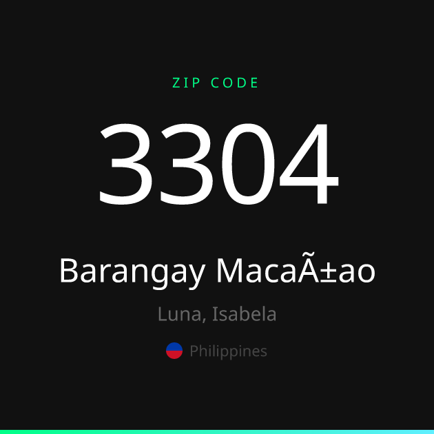 Shareable ZIP code 3304 card for Barangay Macañao, dark theme