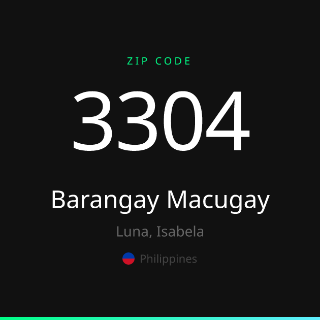 Shareable ZIP code 3304 card for Barangay Macugay, dark theme
