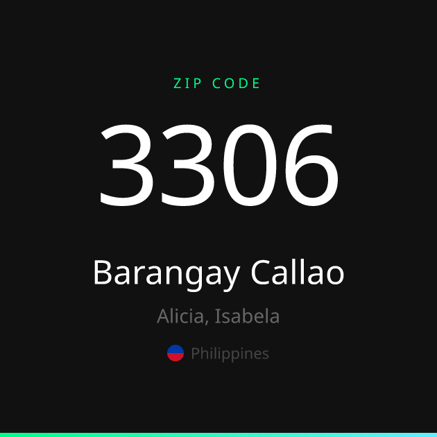 Shareable ZIP code 3306 card for Barangay Callao, dark theme