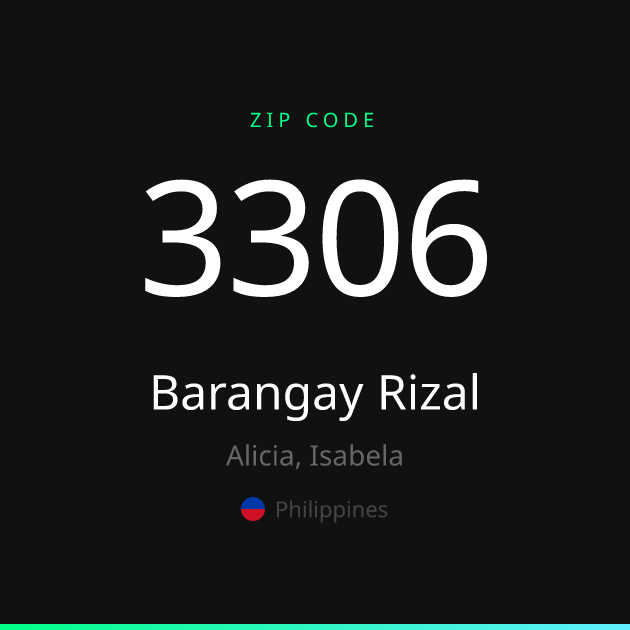 Shareable ZIP code 3306 card for Barangay Rizal, dark theme