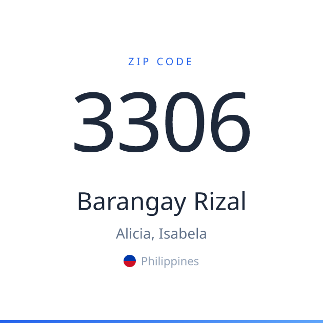 Shareable ZIP code 3306 card for Barangay Rizal, light theme