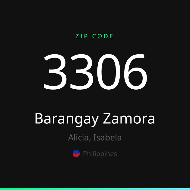 Shareable ZIP code 3306 card for Barangay Zamora, dark theme