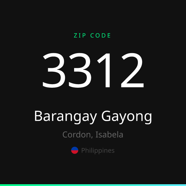 Shareable ZIP code 3312 card for Barangay Gayong, dark theme