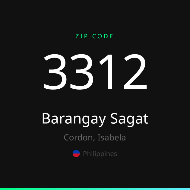 Shareable ZIP code 3312 card for Barangay Sagat, dark theme
