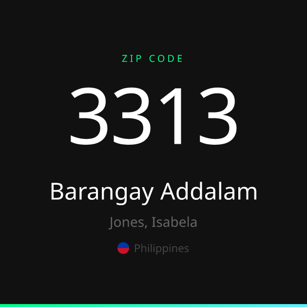 Shareable ZIP code 3313 card for Barangay Addalam, dark theme