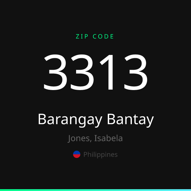 Shareable ZIP code 3313 card for Barangay Bantay, dark theme