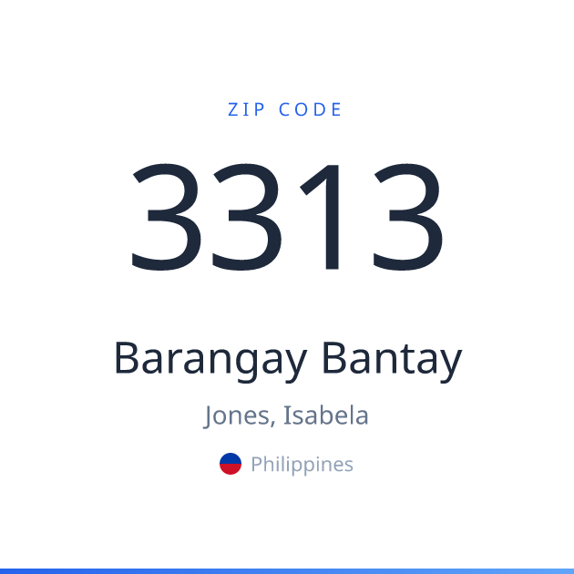 Shareable ZIP code 3313 card for Barangay Bantay, light theme