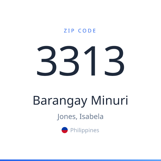 Shareable ZIP code 3313 card for Barangay Minuri, light theme