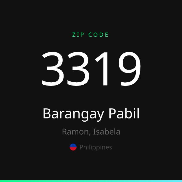 Shareable ZIP code 3319 card for Barangay Pabil, dark theme