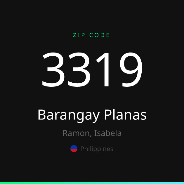 Shareable ZIP code 3319 card for Barangay Planas, dark theme