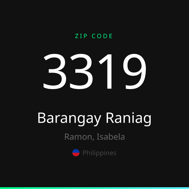 Shareable ZIP code 3319 card for Barangay Raniag, dark theme