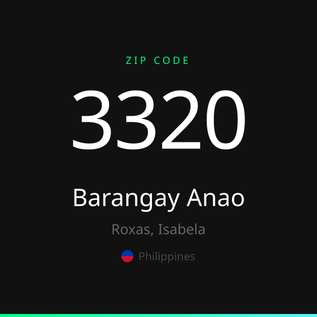 Shareable ZIP code 3320 card for Barangay Anao, dark theme