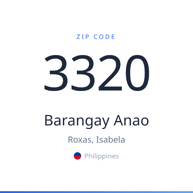 Shareable ZIP code 3320 card for Barangay Anao, light theme