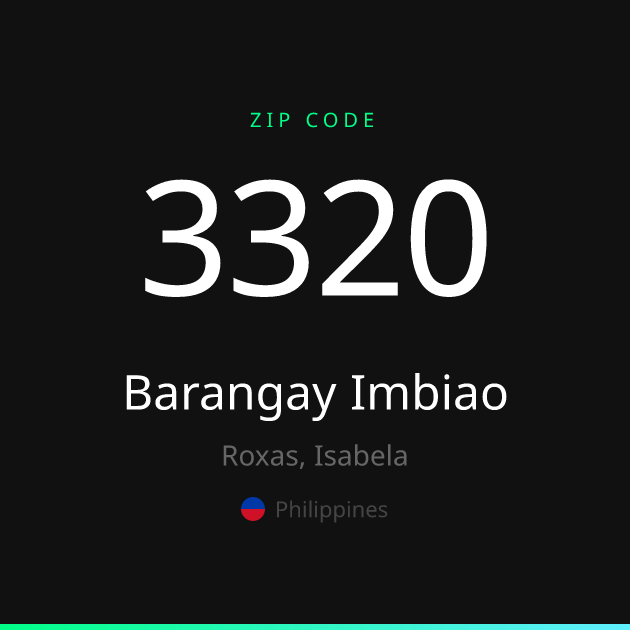 Shareable ZIP code 3320 card for Barangay Imbiao, dark theme