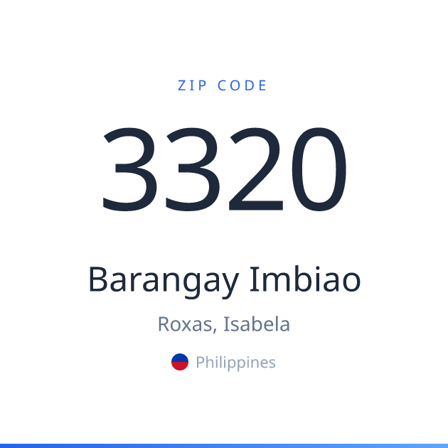 Shareable ZIP code 3320 card for Barangay Imbiao, light theme