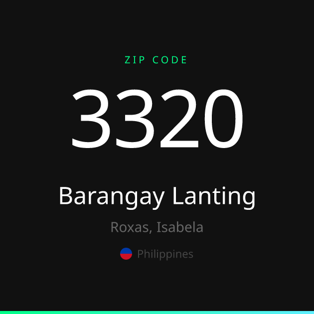 Shareable ZIP code 3320 card for Barangay Lanting, dark theme