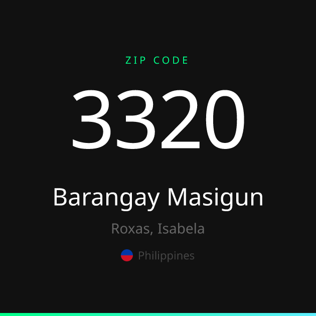 Shareable ZIP code 3320 card for Barangay Masigun, dark theme
