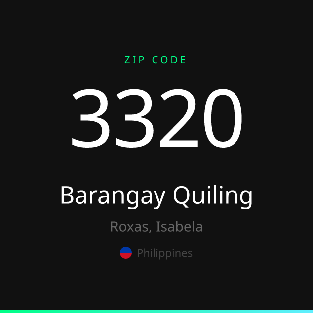 Shareable ZIP code 3320 card for Barangay Quiling, dark theme