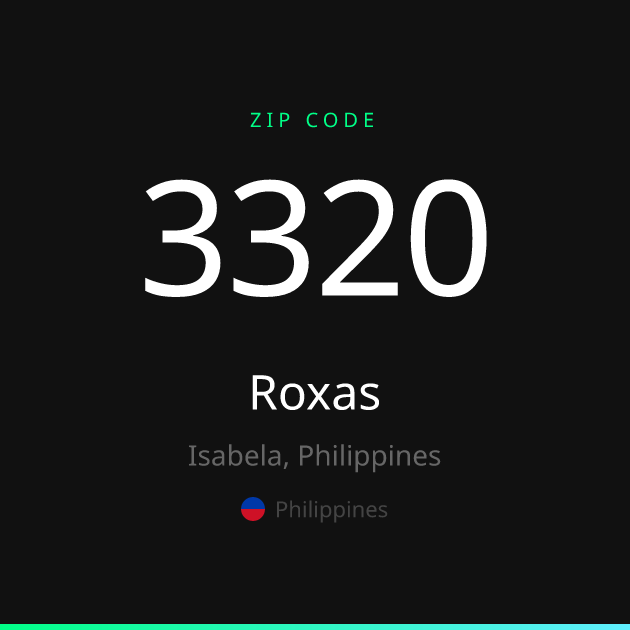 Shareable ZIP code 3320 card for Roxas, dark theme