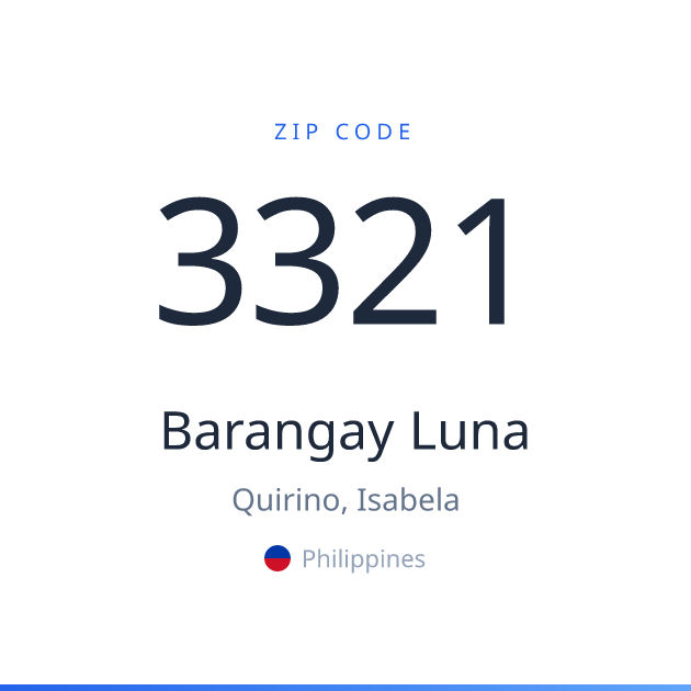 Shareable ZIP code 3321 card for Barangay Luna, light theme