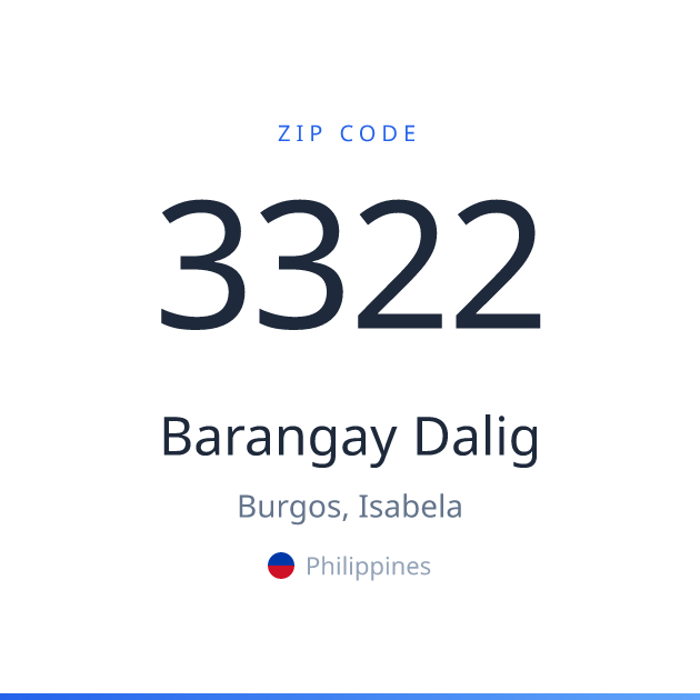 Shareable ZIP code 3322 card for Barangay Dalig, light theme