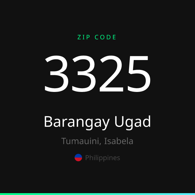 Shareable ZIP code 3325 card for Barangay Ugad, dark theme